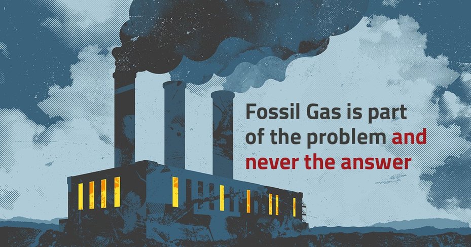 Gas explainer video still - power plant with text that reads "Fossil gas is part of the problem and never the answer"