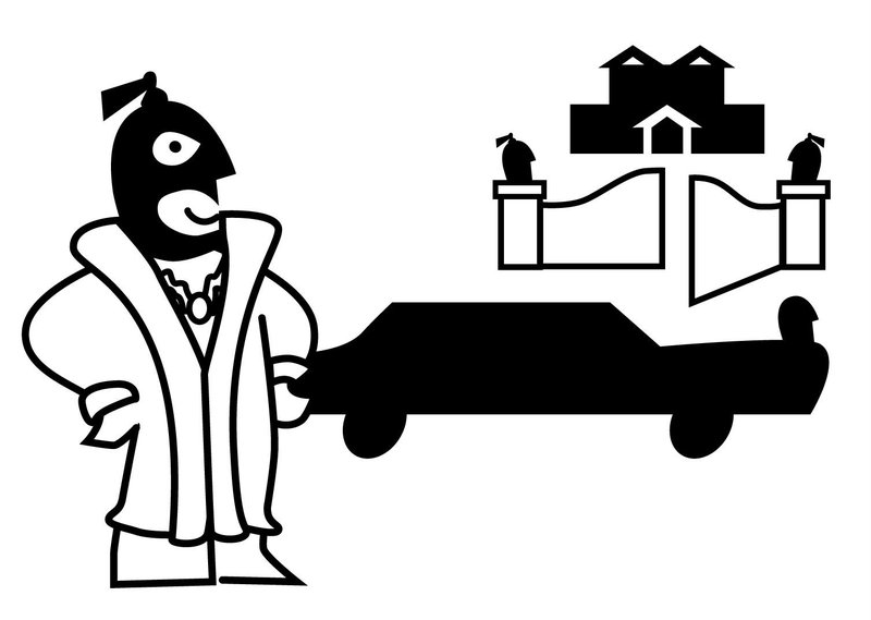 illustration showing money launderer next to expensive house and car