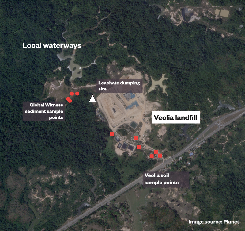 satellite map showing veolia soil sample points, global witness sediment sample points and potential leachate dumping site